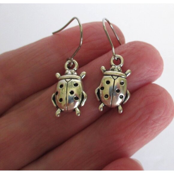New Ladybug Dangle Earrings on Stainless Wires Bug Nature Jewelry - Picture 4 of 6